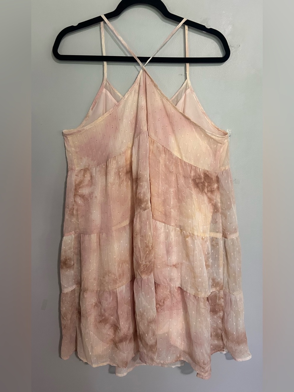 Umgee Pink Tie Dye Swiss Dot Tiered Boho Mini Dress NWT L Linen Cotton Blend - Picture 4 of 9